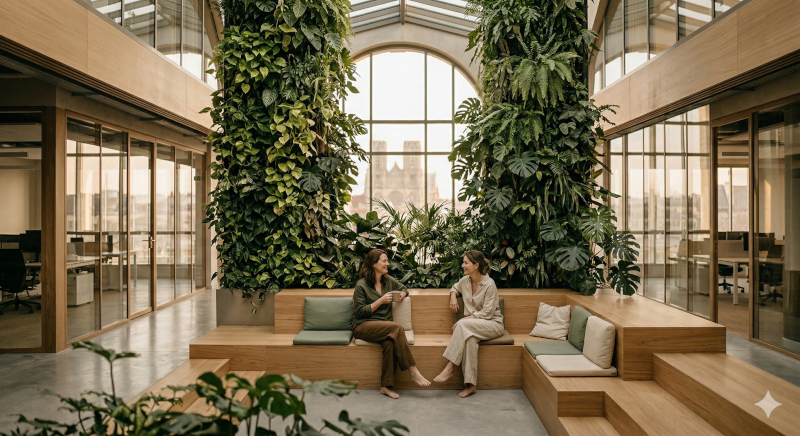 Espace de détente végétalisé dans des bureaux modernes