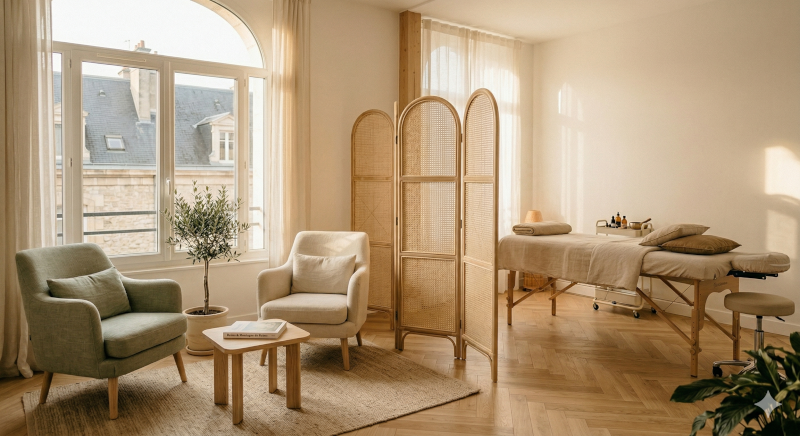 Un cabinet clair et apaisant, mêlant espace d'écoute et table de soin