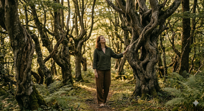 Une femme méditant sereinement dans les vignes de la Montagne de Reims au lever du soleil